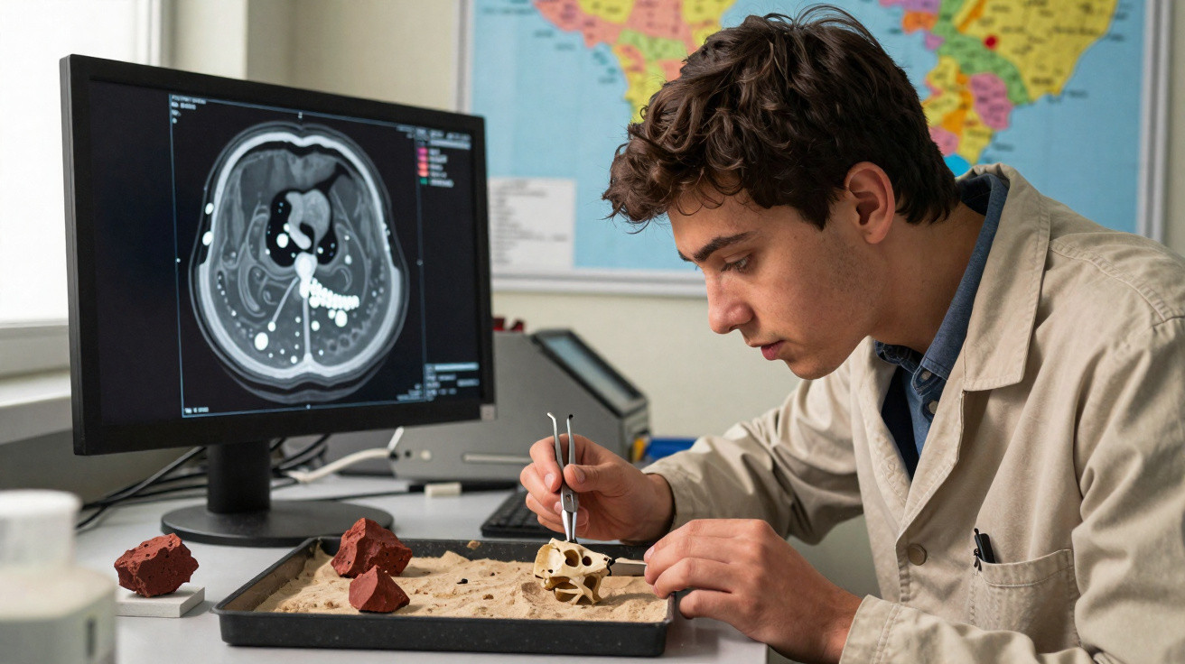 Wissenschaftler untersucht Schädelmodell mit Pinzette, im Hintergrund CT-Bild auf Computerbildschirm und Weltkarte.