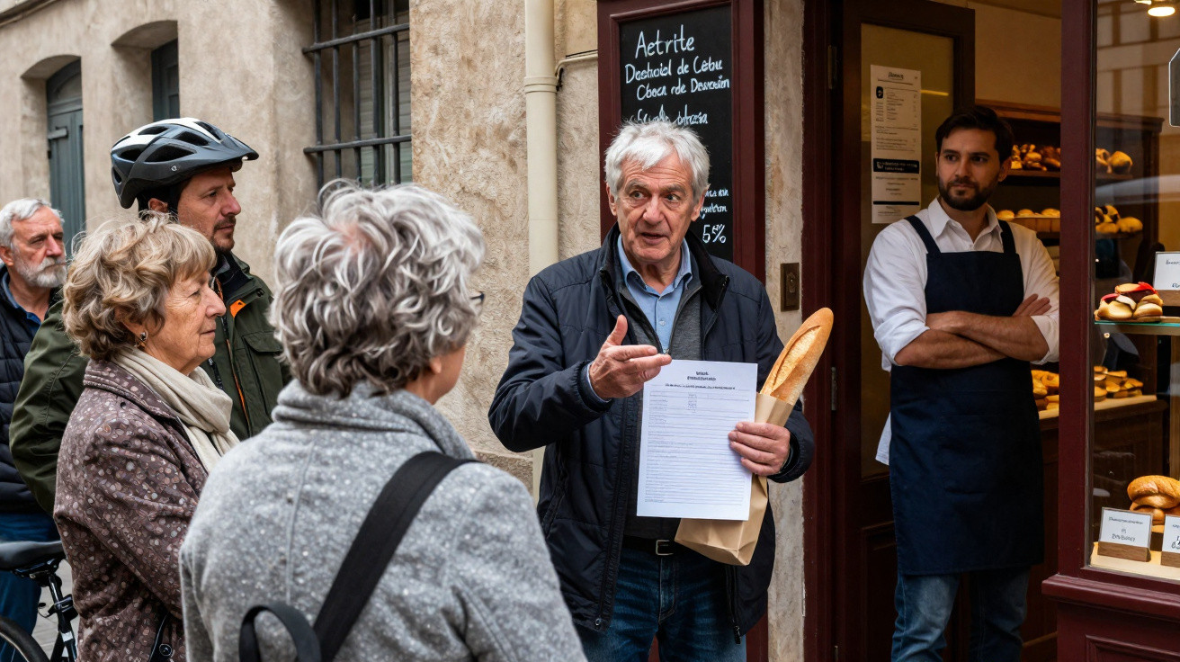 Älterer Mann hält Baguette und Papier, spricht vor kleiner Gruppe, Bäcker steht im Laden mit Backwaren im Hintergrund.