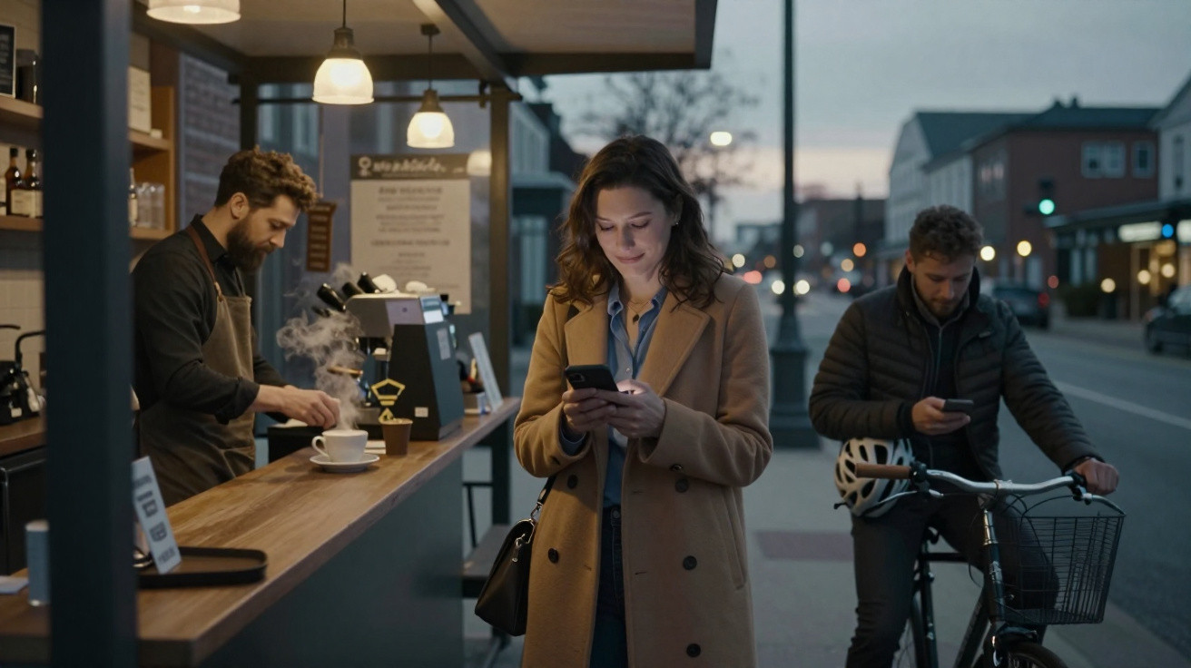 Frau in Mantel schaut abends auf Smartphone vor einem Café, Barista bereitet Kaffee, Mann mit Fahrrad wartet draußen.