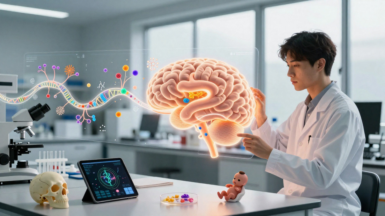 Wissenschaftler im Labor untersucht ein virtuelles 3D-Hirnmodell mit DNA-Visualisierung und Baby-Puppe am Tisch.