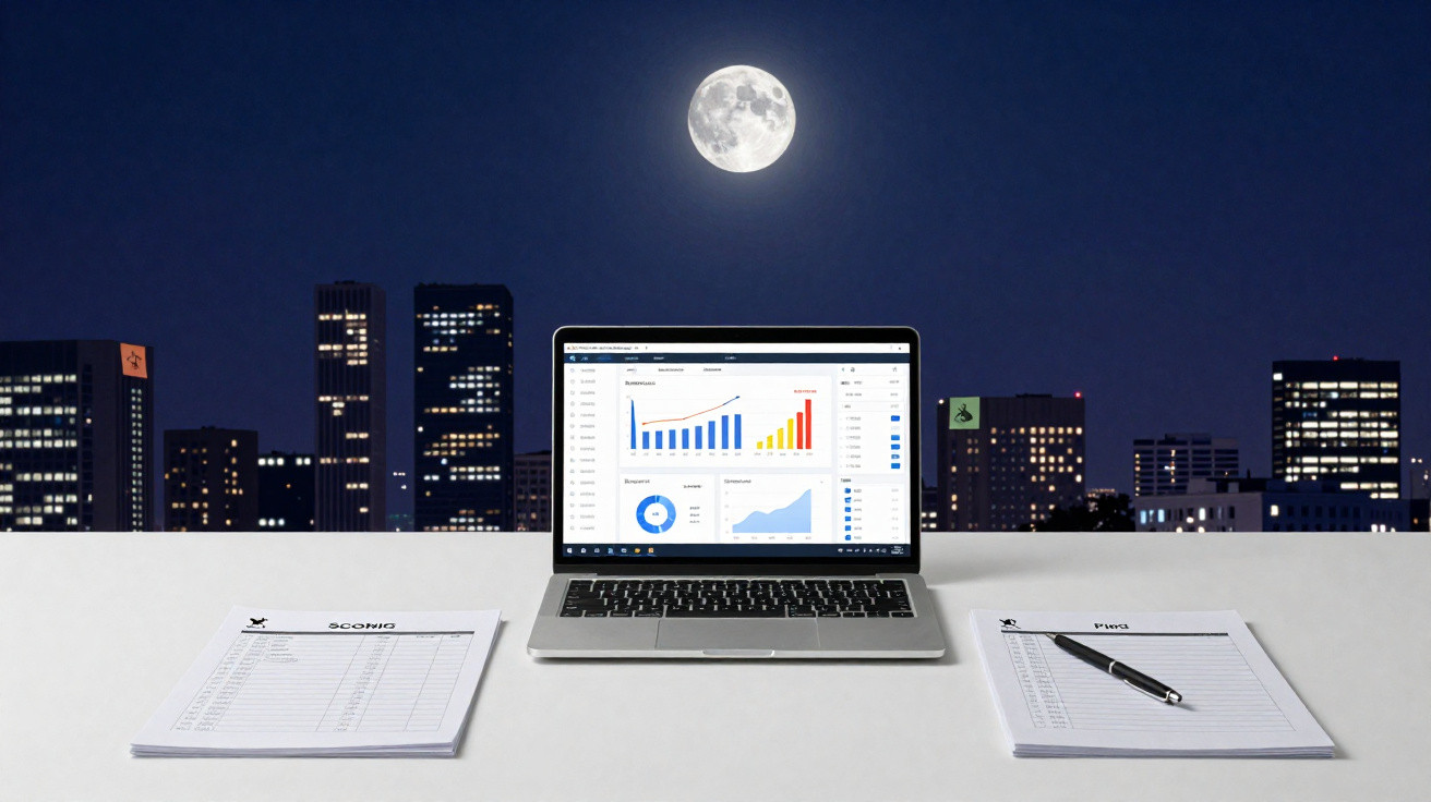 Laptop mit Diagrammen vor Nachthimmel und Vollmond, Tisch mit Stift und Zetteln im Vordergrund.