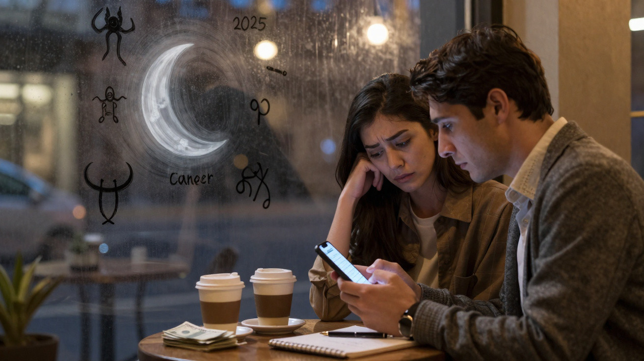 Zwei nachdenkliche Personen in Café, Blick auf Smartphone, Fenster mit astrologischen Symbolen und Mond im Hintergrund.