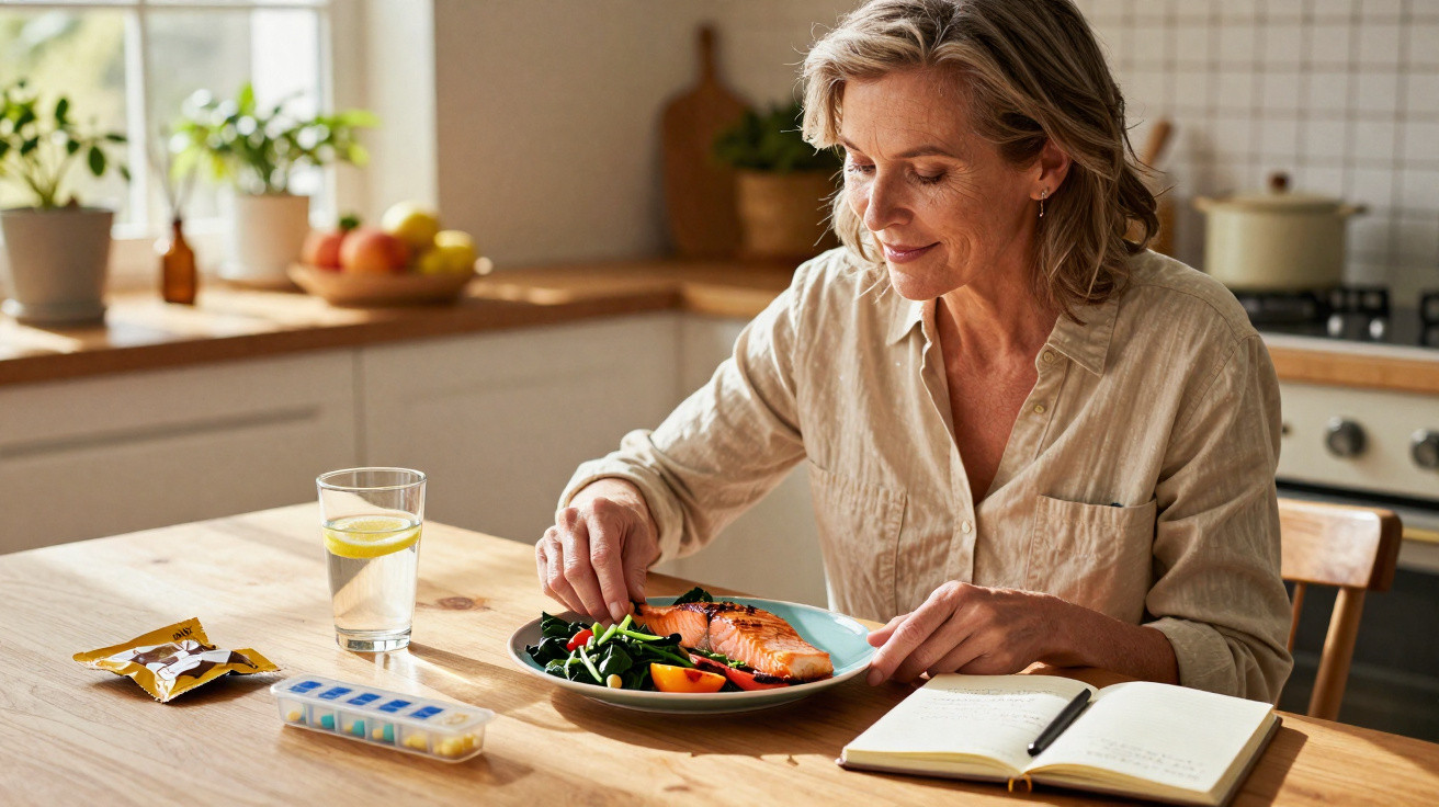 Frau sitzt in heller Küche und isst gesundes Essen mit Gemüse und Lachs am Holztisch.