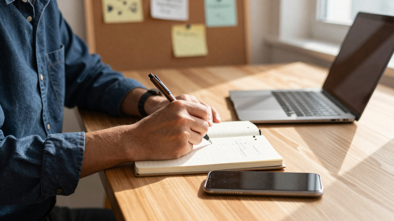 Person schreibt mit einem Stift in ein Notizbuch am Schreibtisch mit Laptop und Smartphone.