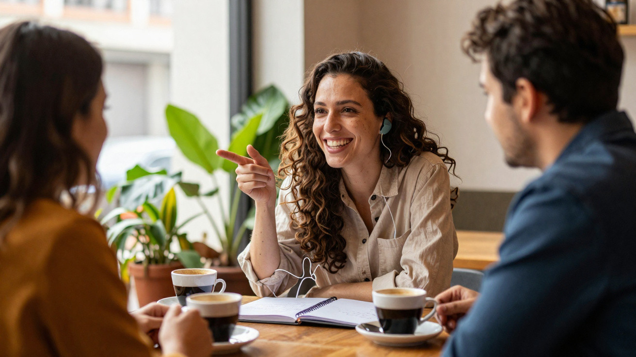 Drei Personen sitzen im Café, lachen und unterhalten sich bei Kaffee und Notizbuch am Tisch.
