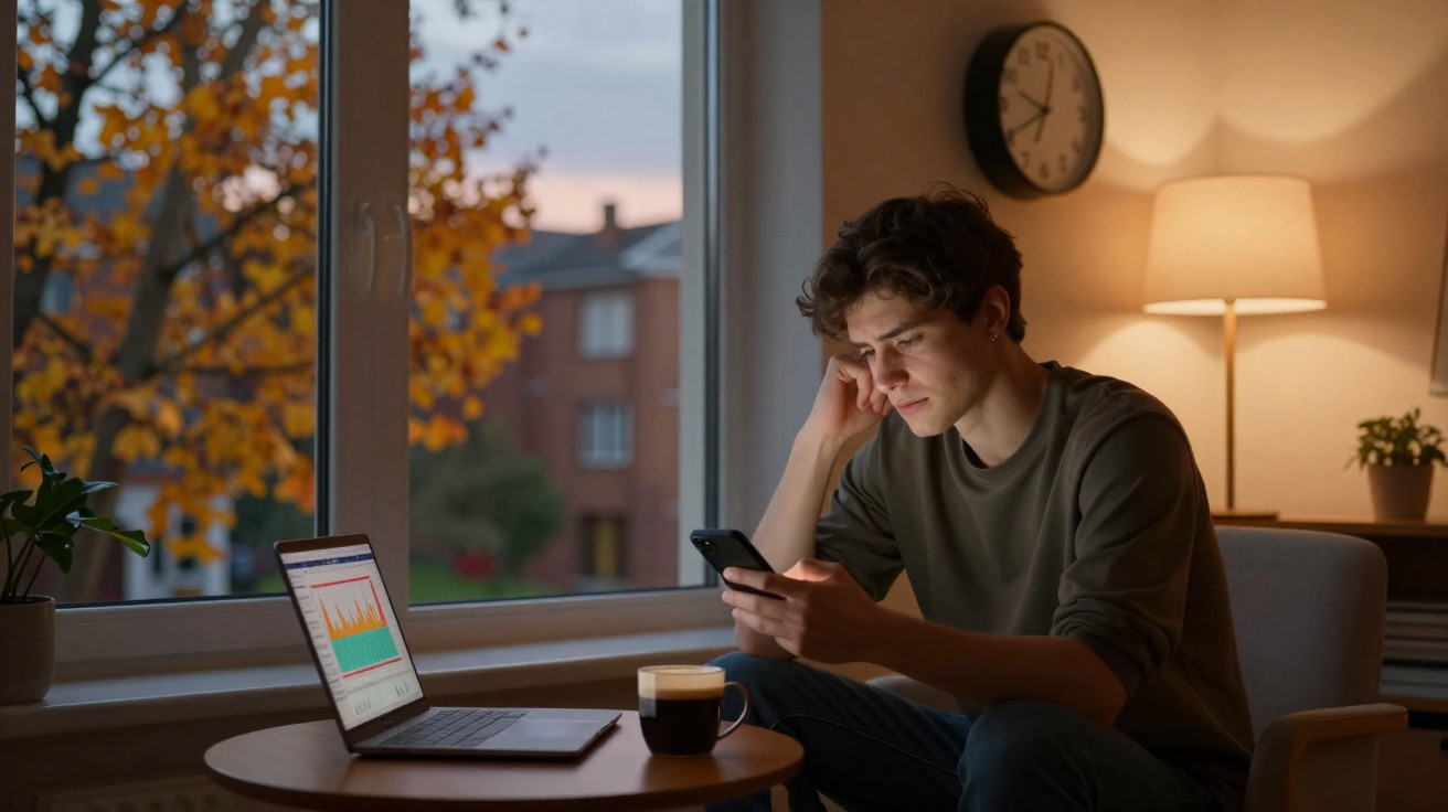 Junger Mann sitzt abends am Tisch, schaut auf sein Smartphone, Laptop und Kaffee vor ihm, Fenster mit Herbstblick.