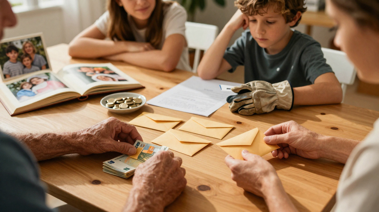 Mehrgenerationenfamilie sortiert Geld und Briefe an einem Holztisch, Kind und Fotoalben im Hintergrund.