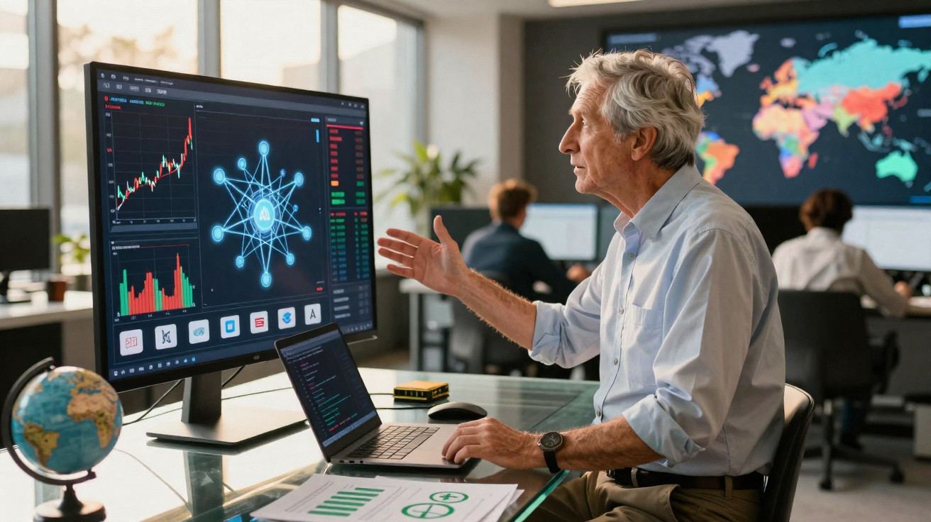 Älterer Mann analysiert Daten und Netzwerke auf Bildschirm in modernem Büro mit Weltkarte im Hintergrund.
