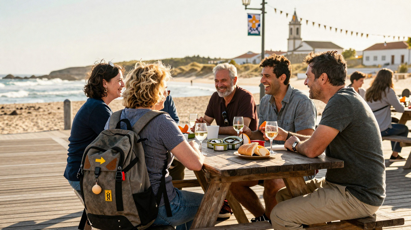 Gruppe von fünf Menschen sitzt lachend an einem Holztisch am Strand mit Getränken und Snacks bei Sonnenuntergang.