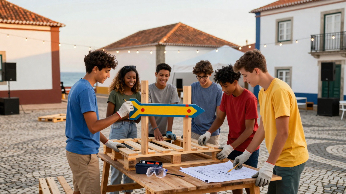 Jugendliche bauen im Freien aus Holzpaletten eine bunte Richtungsschilder-Konstruktion zusammen.
