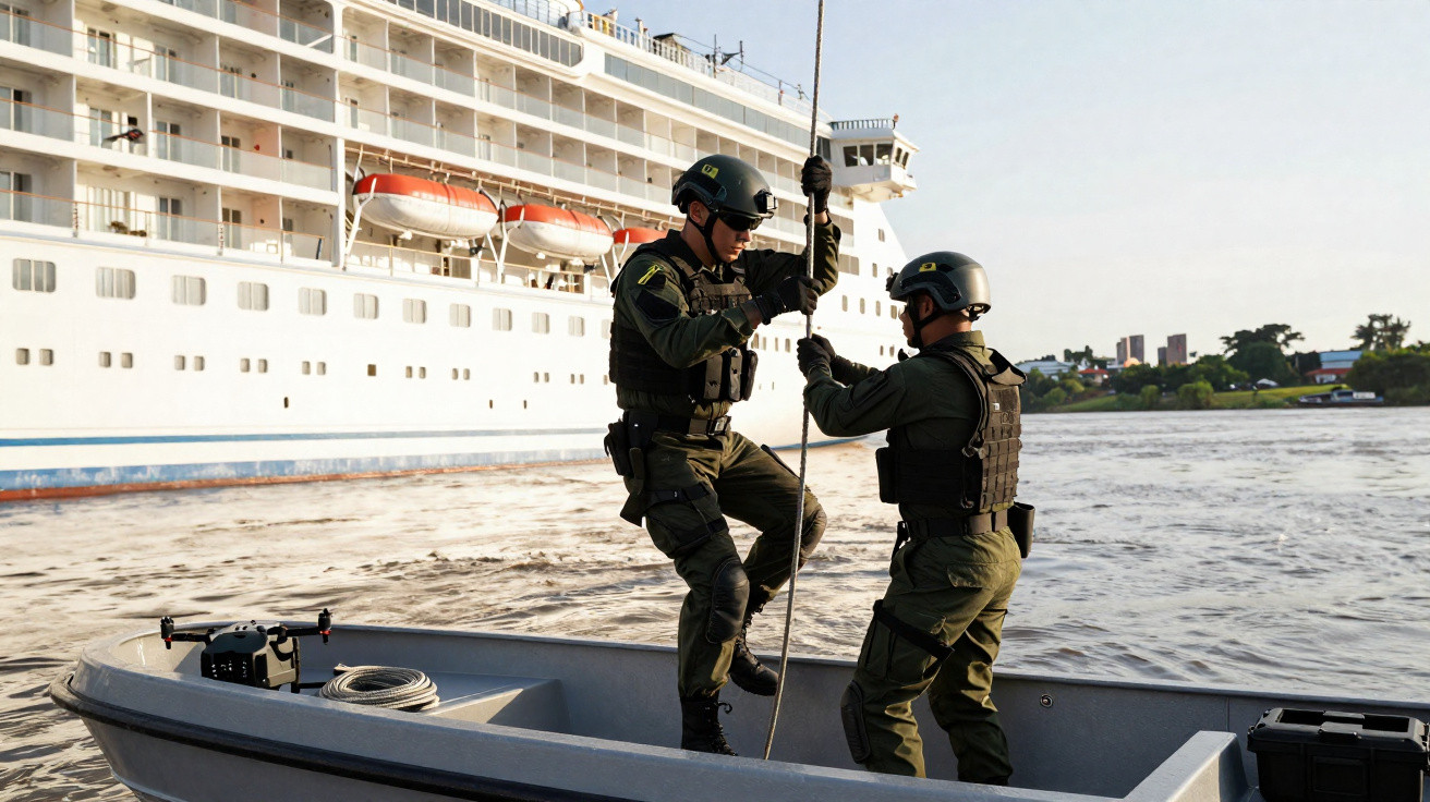 Zwei Soldaten in Schutzkleidung steigen mit Seil von kleinem Boot auf Kreuzfahrtschiff am Flussufer.