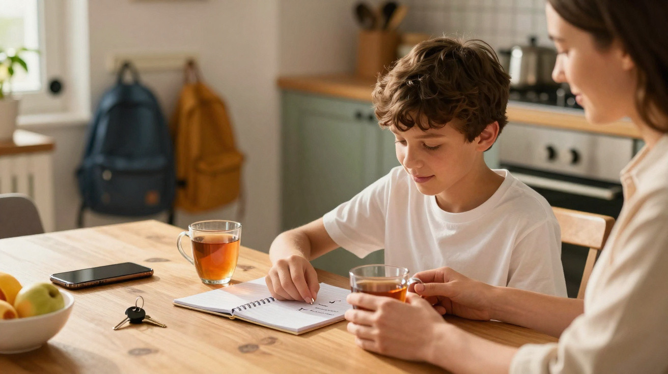 Mutter und Sohn sitzen am Küchentisch, trinken Tee und betrachten gemeinsam ein offenes Notizbuch.