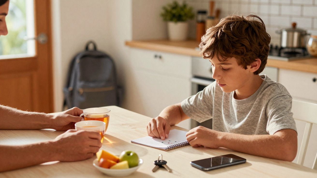 Junge sitzt am Tisch und schreibt in Notizbuch, neben ihm Obstschale, Schlüssel und Handy, zwei Personen mit Tee.