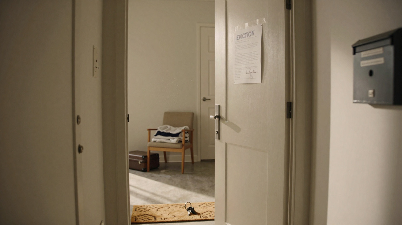 Blick durch eine offene Wohnungstür mit einer Räumungsankündigung, einem Stuhl, Koffer und Schlüssel auf dem Boden.