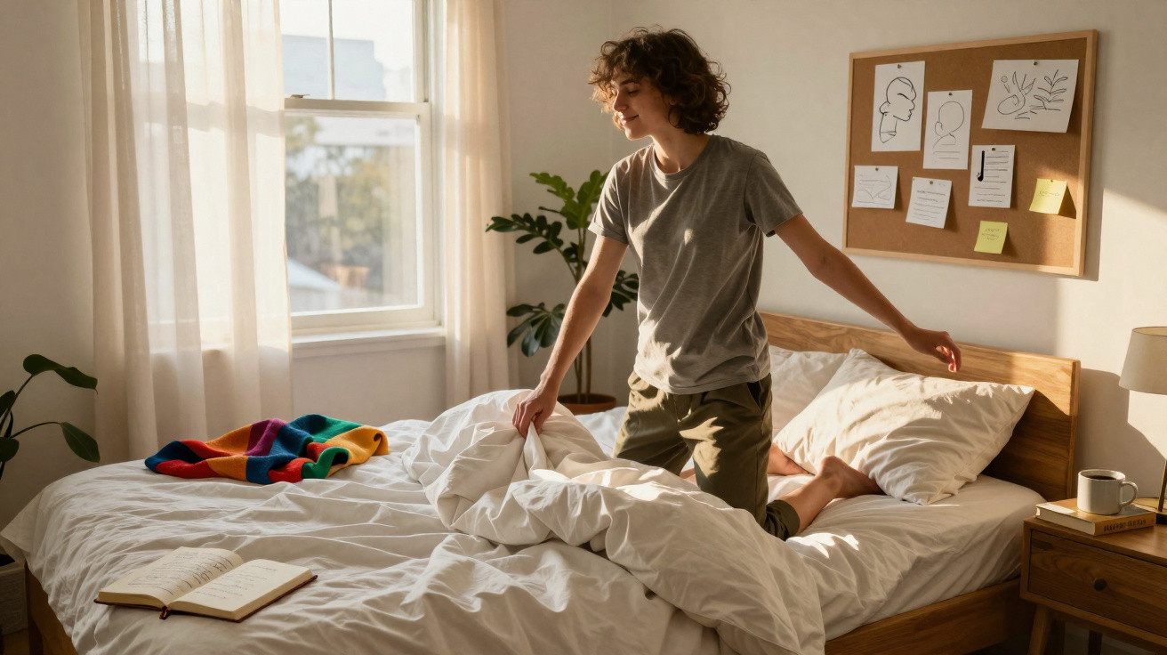 Junge Person macht am Morgen das Bett in einem hellen Schlafzimmer mit Holzmöbeln und Pinnwand.