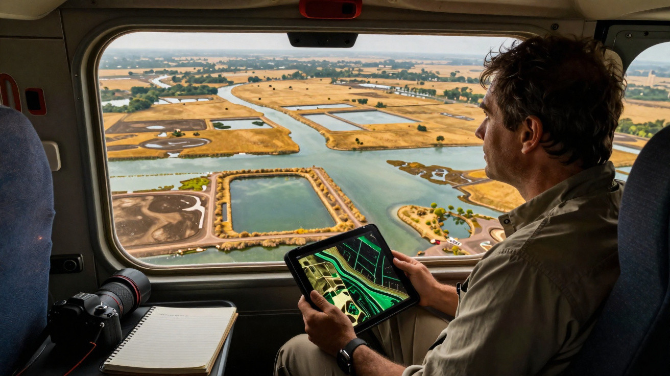 Mann mit Tablet und Notizbuch betrachtet Flusslandschaft aus Flugzeugfenster während Fluges.