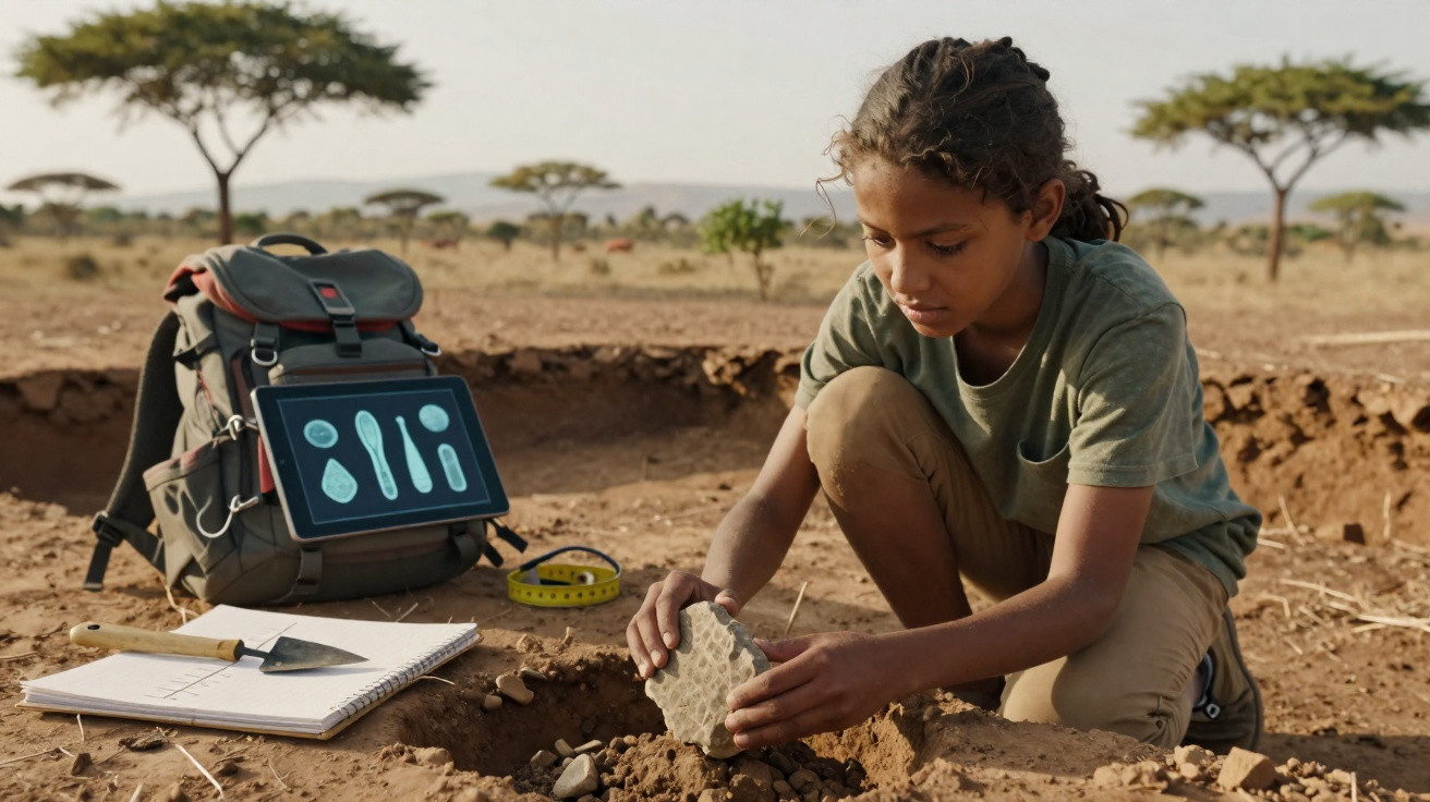 Kind gräbt im Boden bei archäologischer Ausgrabung in Afrika, neben Rucksack und Tablet mit Werkzeugbildern.