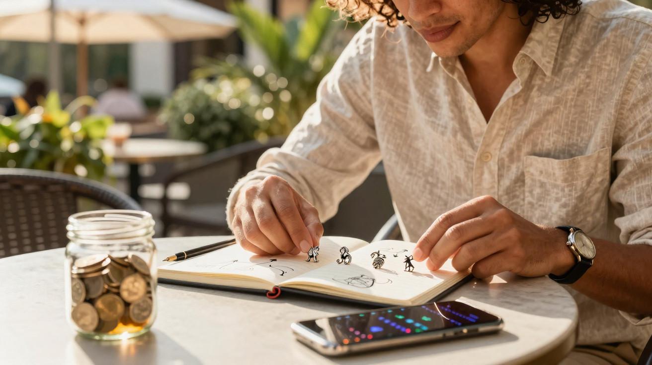 Junger Mann spielt mit winzigen Figuren in einem Skizzenbuch im Café bei Sonnenlicht.