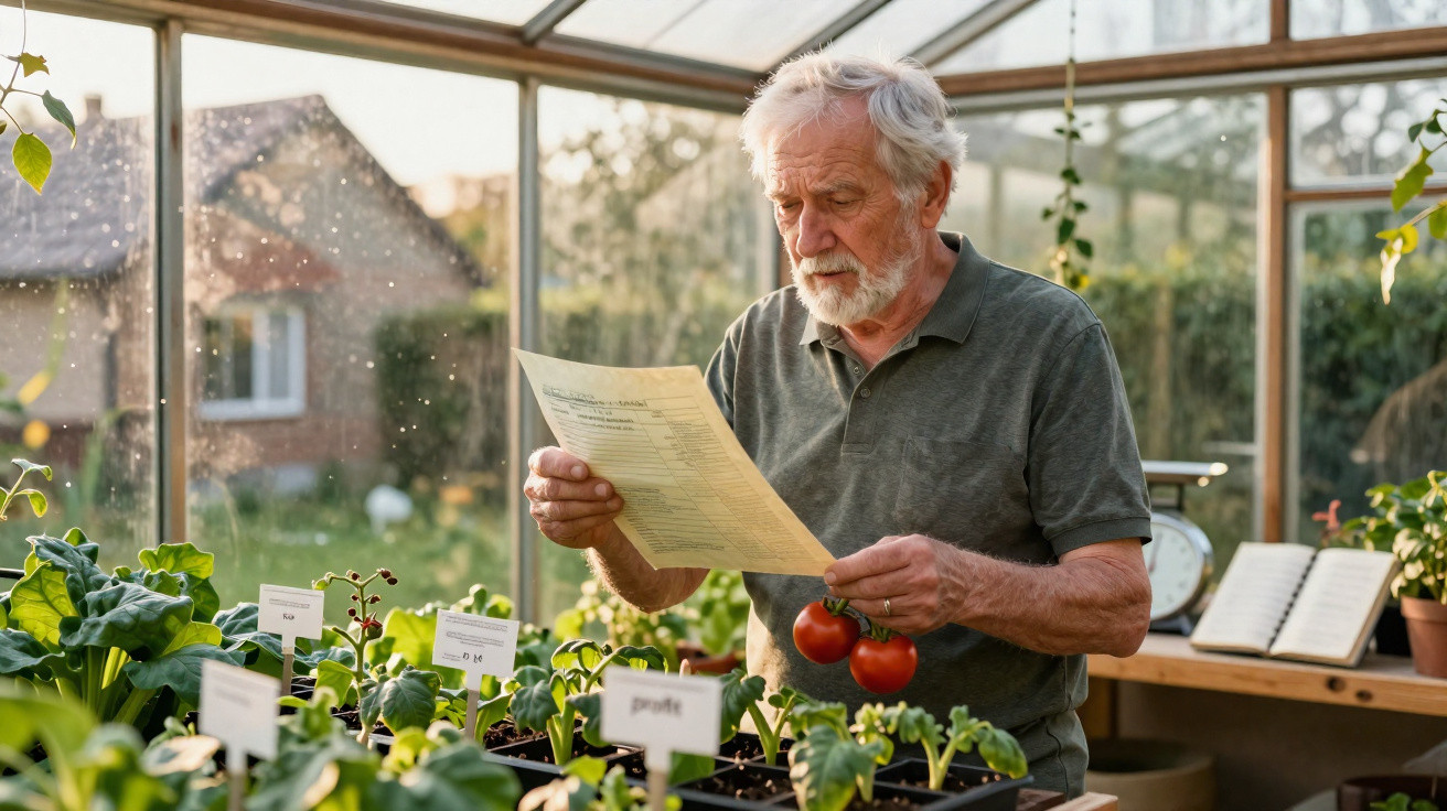Älterer Mann in Gewächshaus prüft Pflanzanleitung und hält zwei Tomaten in der Hand.