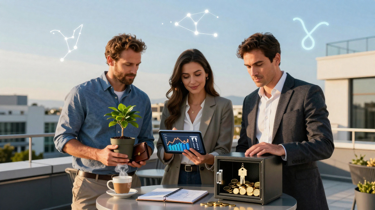 Drei Personen besprechen auf Terrasse Finanzdiagramme, Safe mit Münzen und Pflanze, Sternzeichen digital eingeblendet.