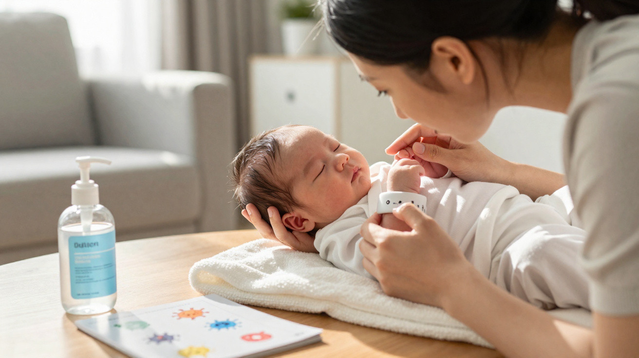 Mutter legt Smartwatch an schlafendes Baby in weißem Strampler auf weichem Handtuch zu Hause an.