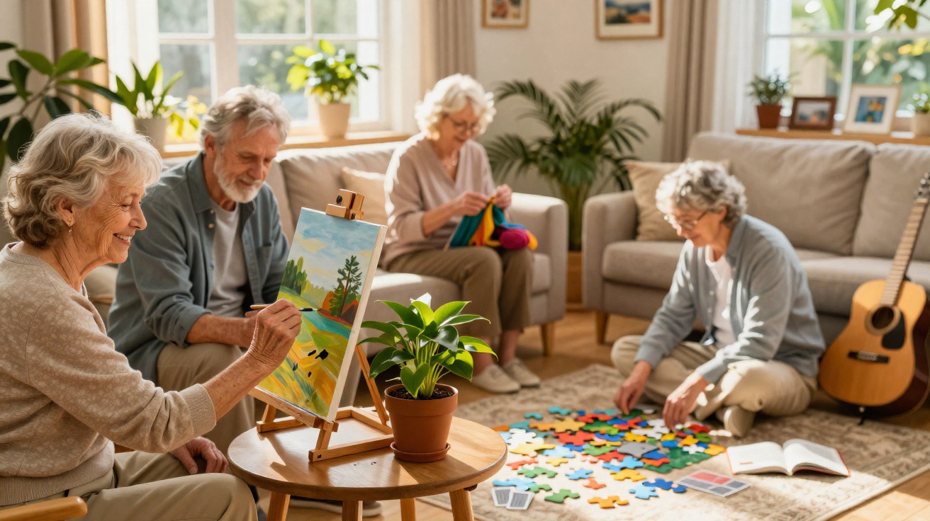 Ältere Menschen genießen kreative Aktivitäten wie Malen, Stricken und Puzzeln in gemütlichem Wohnzimmer.