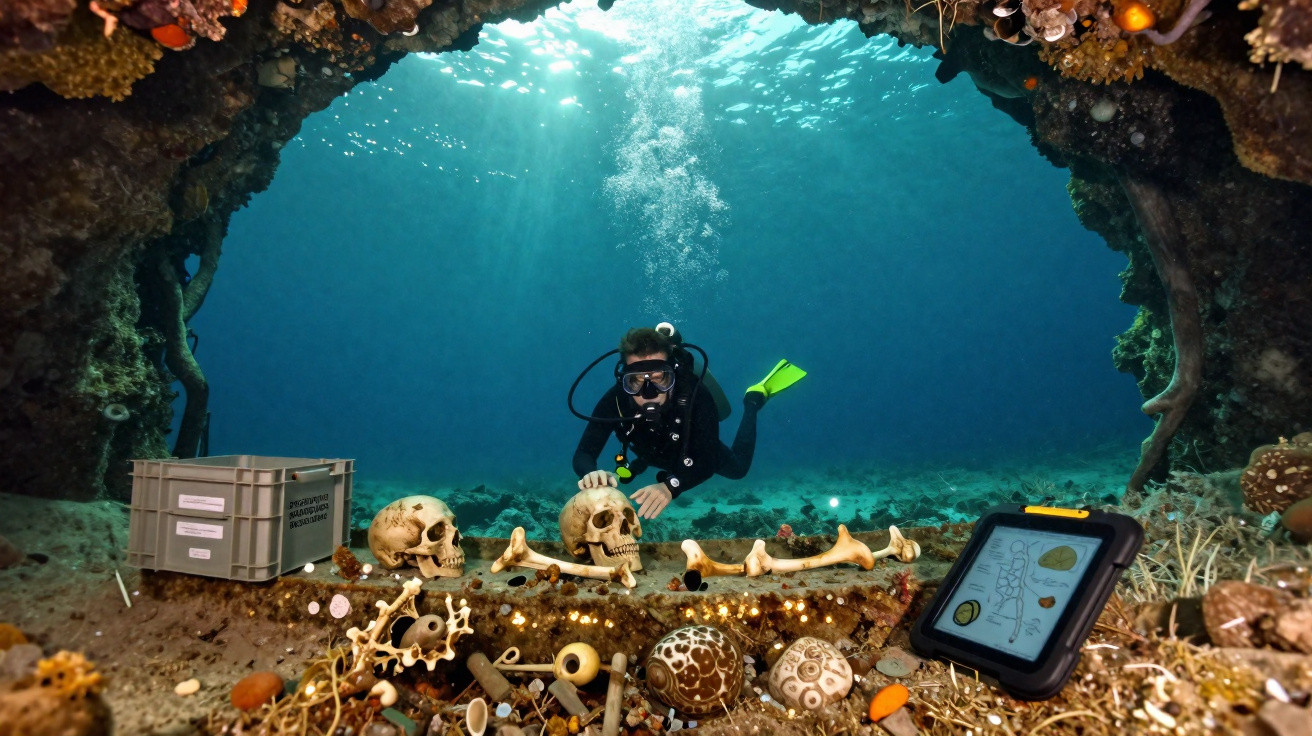 Taucher untersucht antike menschliche Knochen und Artefakte auf dem Meeresboden in einer Unterwasserhöhle.