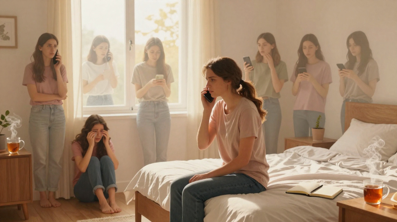 Frau in verschiedenen emotionalen Zuständen, sitzend und stehend, telefonierend und mit Handy im hellen Schlafzimmer.