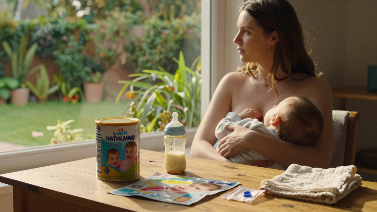 Frau stillt Baby neben Fenster, auf Tisch stehen Babynahrung, Flasche und Stofftücher.
