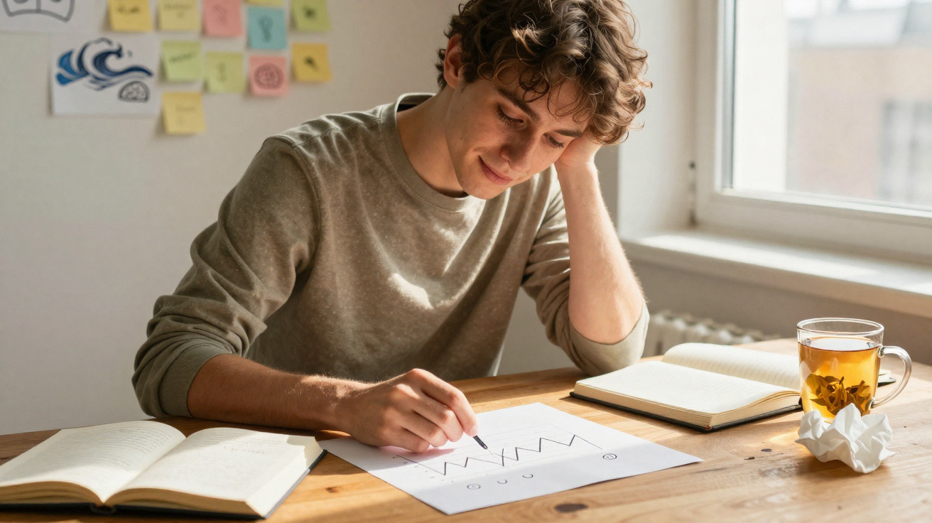 Junger Mann zeichnet Diagramm auf Papier, sitzt am Tisch mit Büchern und Tee neben Fenster.
