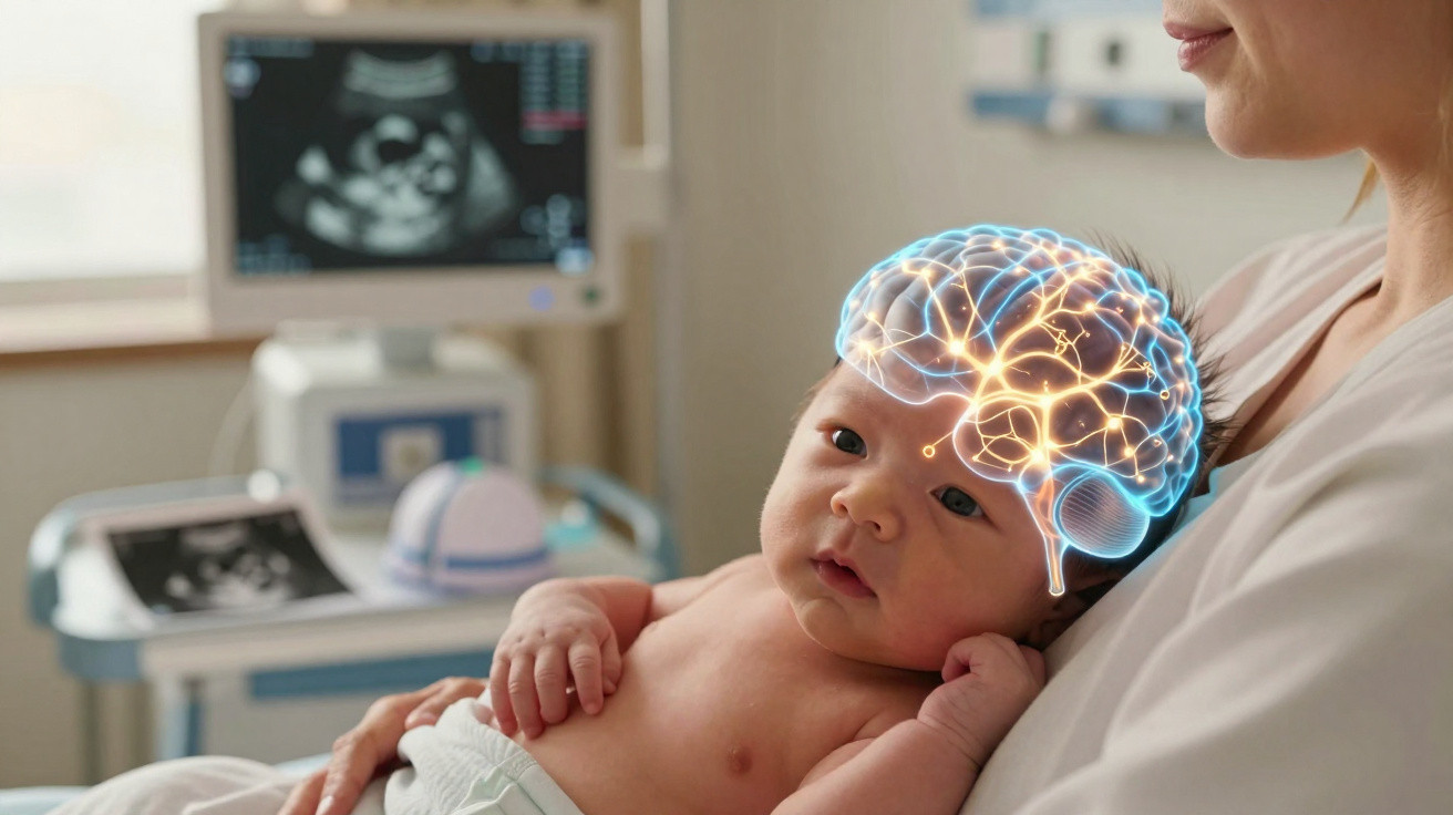 Baby auf dem Arm der Mutter mit digitaler Gehirnprojektion und Ultraschallbild im Hintergrund