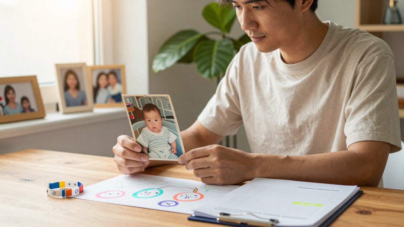Mann hält Babyfoto in der Hand und sitzt am Tisch mit Diagramm und Notizblock in hellem Raum.