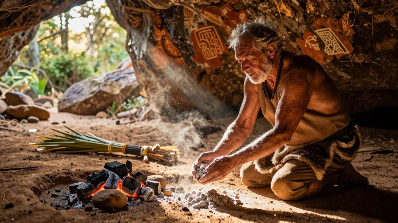 Älterer Mann in traditioneller Kleidung bereitet Feuer in einer mit Felsen bemalten Höhle vor.