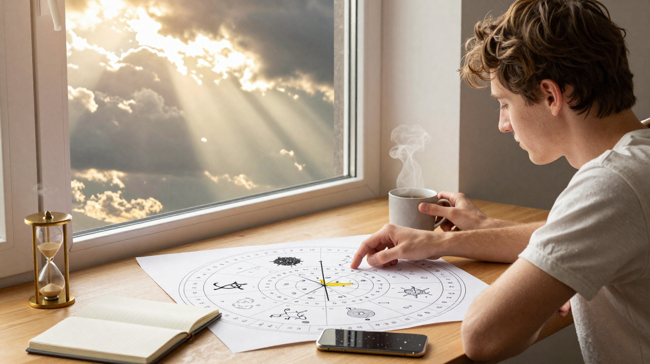 Junger Mann sitzt am Fenster, studiert Astrologiekreis, trinkt heißen Tee bei Sonnenstrahlen und Wolken.