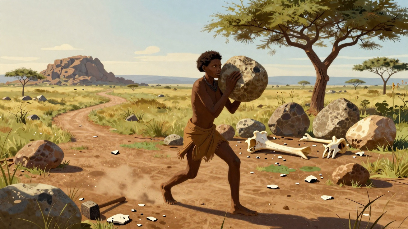 Steinzeitmensch trägt großen Felsen in afrikanischer Savannenlandschaft mit Baum und Knochen.