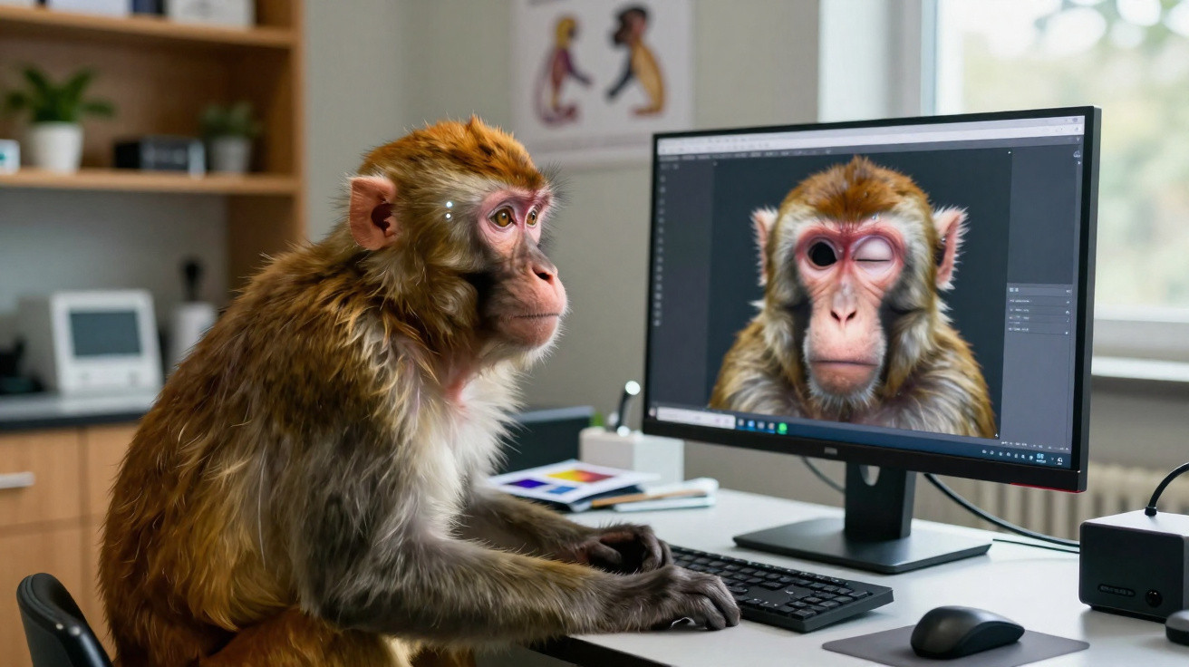 Affe sitzt am Schreibtisch vor Computer, auf Bildschirm wird Affengesicht mit zwinkerndem Auge bearbeitet.
