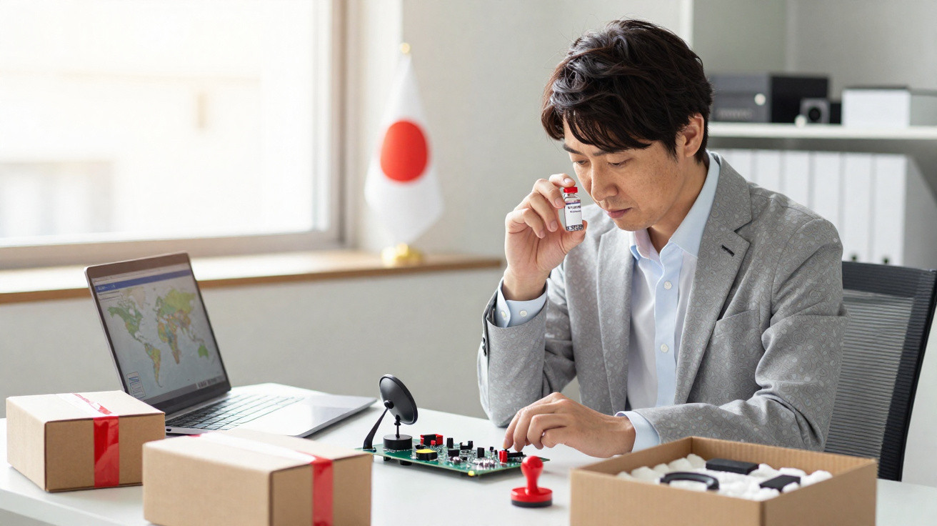 Mann in Büro testet kleines elektronisches Bauteil, Japan-Flagge und Laptop mit Weltkarte im Hintergrund.