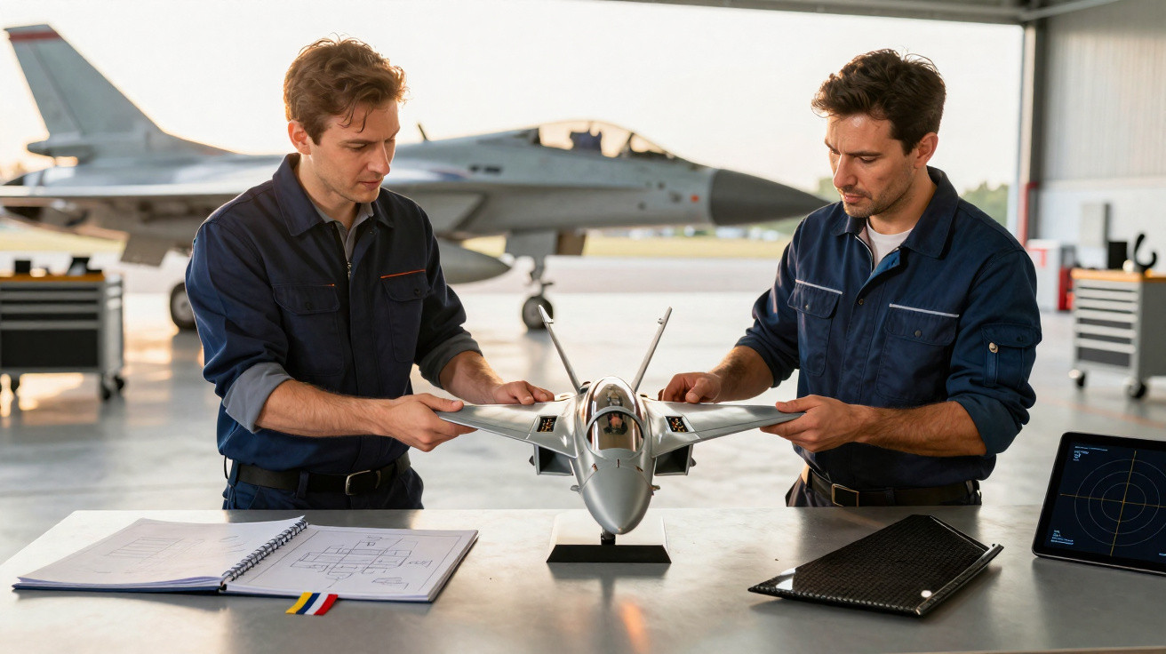 Zwei Männer in Overalls untersuchen ein Modellflugzeug auf einem Tisch in einem Hangar mit Jet im Hintergrund.