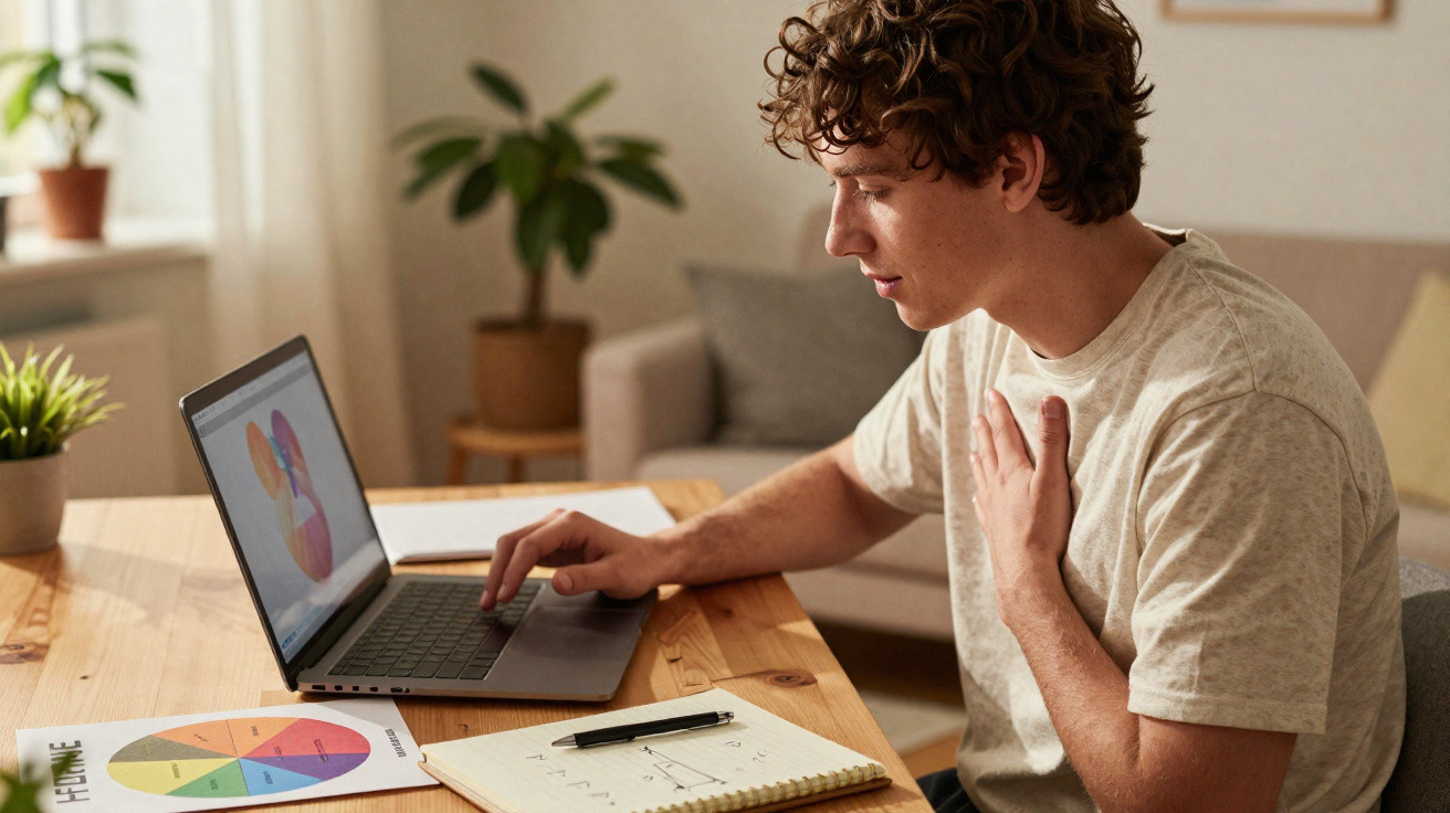 Junger Mann arbeitet konzentriert an Laptop an einem Holztisch in hellem Wohnzimmer mit Pflanzen.