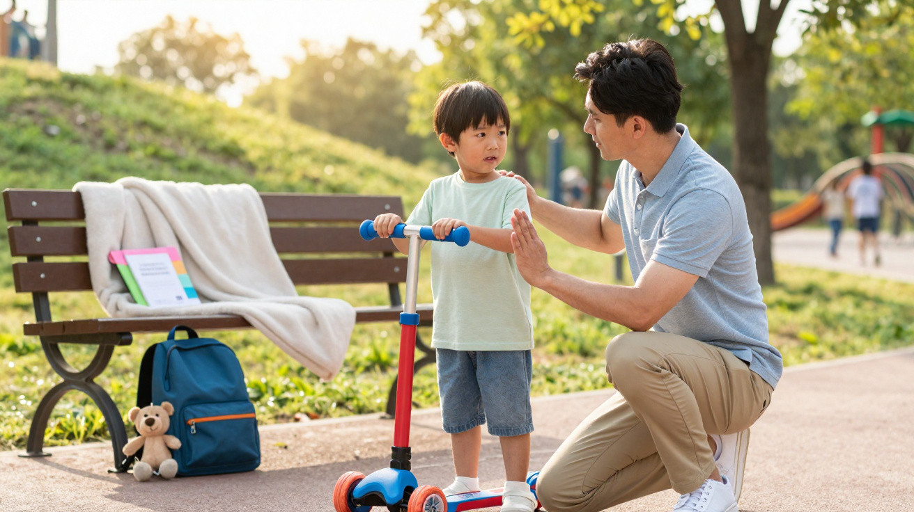 Vater ermutigt kleinen Jungen auf Roller im sonnigen Park, Bank mit Tasche und Spielzeug im Hintergrund.