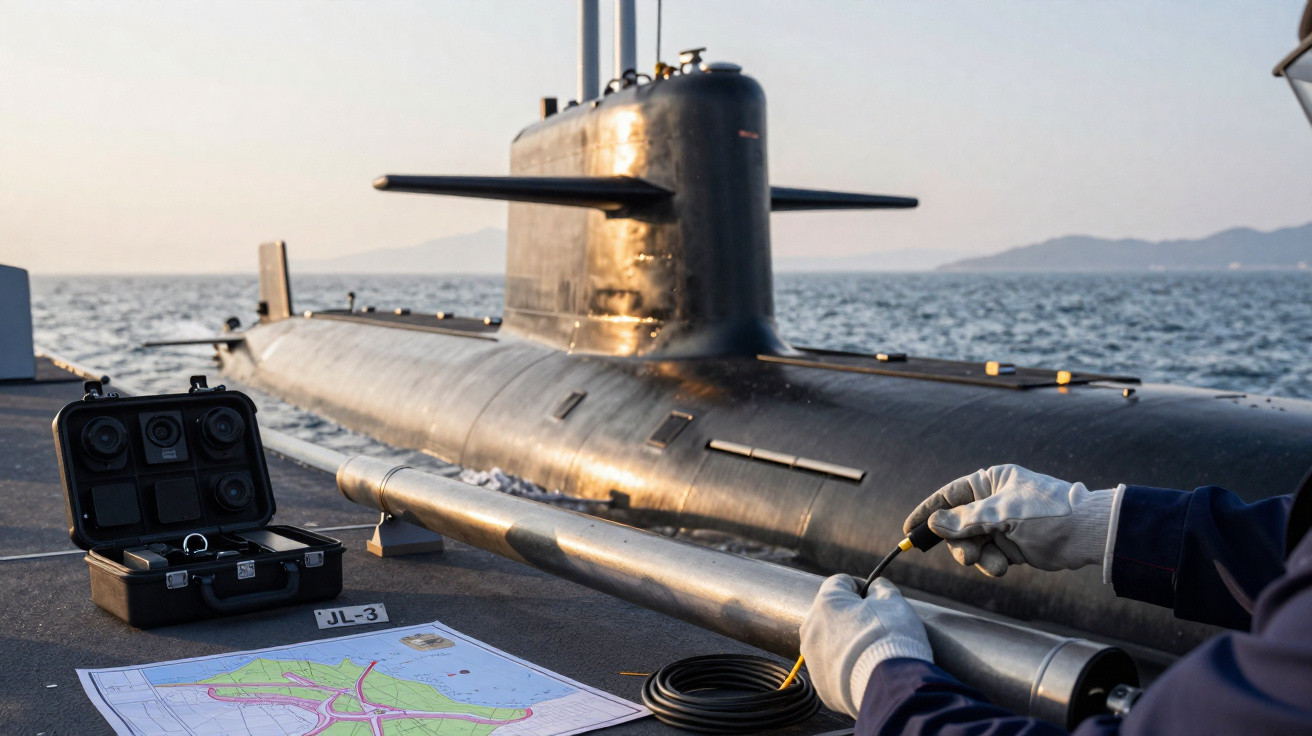 U-Boot im Wasser, daneben Karte und Person mit Handschuhen bei technischer Ausrüstung an Deck.