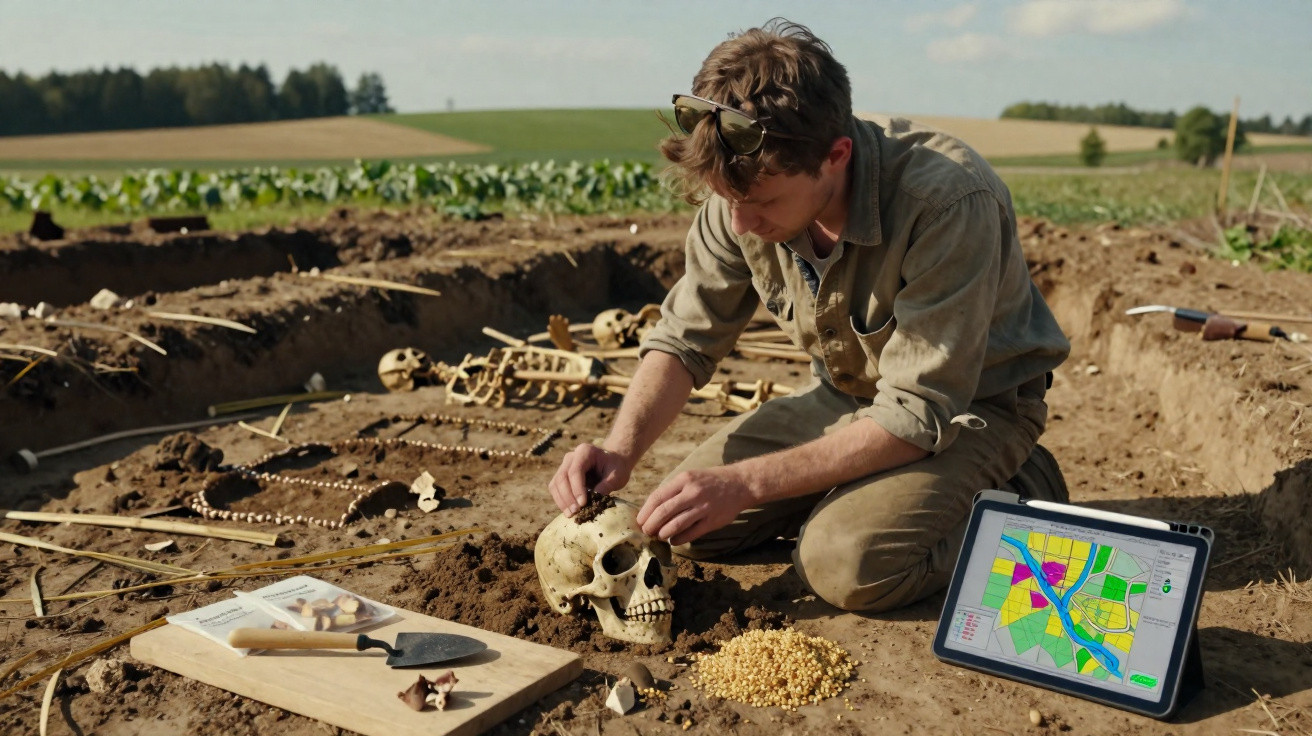 Archäologe untersucht Schädel bei Ausgrabung im Freien, neben Tablet mit Kartenansicht und Werkzeugen.