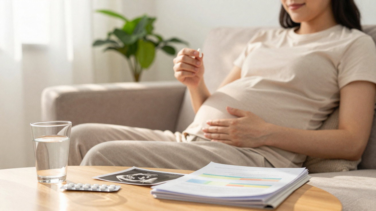 Schwangere Frau sitzt auf dem Sofa, hält ihren Bauch, mit Ultraschallbild, Medikamenten und Wasser auf dem Tisch.