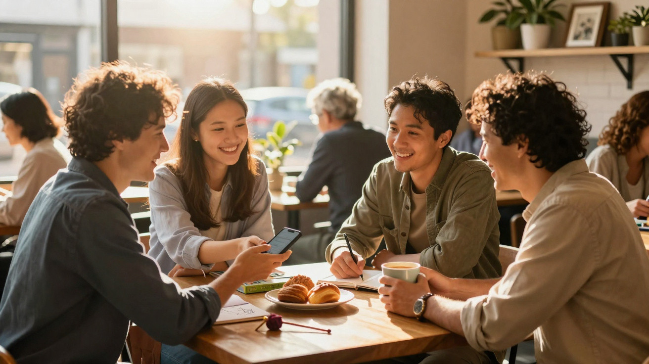 Vier junge Erwachsene sitzen fröhlich im Café, unterhalten sich und genießen Croissants und Getränke.