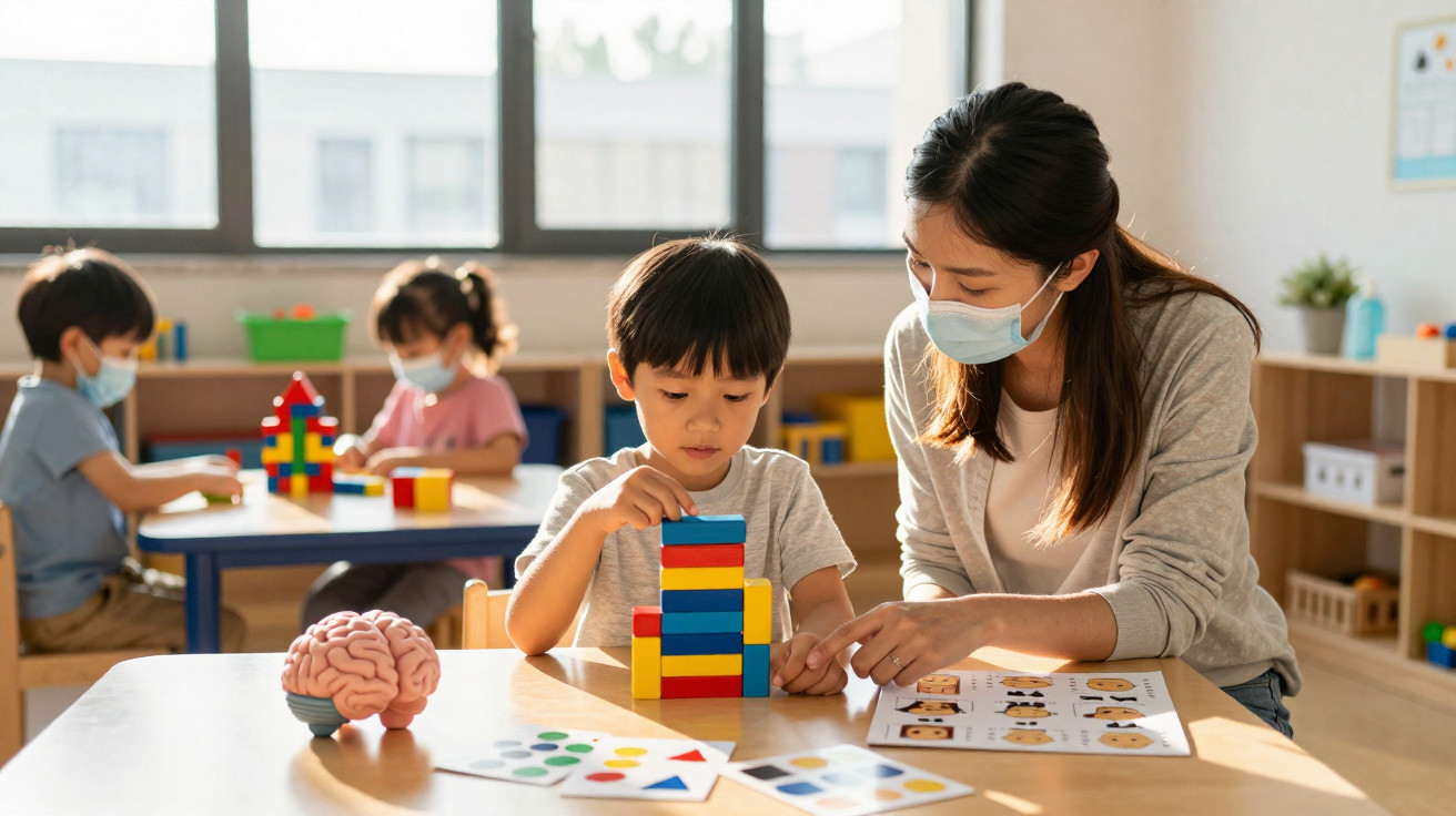 Lehrerin mit Mundschutz hilft Kind beim Stapeln bunter Bausteine in einem Klassenraum mit weiteren Kindern.