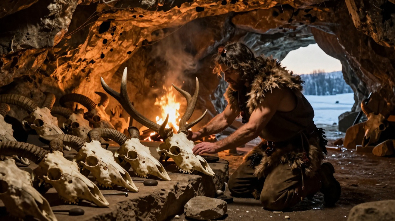 Mann in Tierfellkleidung in einer Höhle mit mehreren Geweih-Schädeln vor einem Lagerfeuer im Hintergrund.