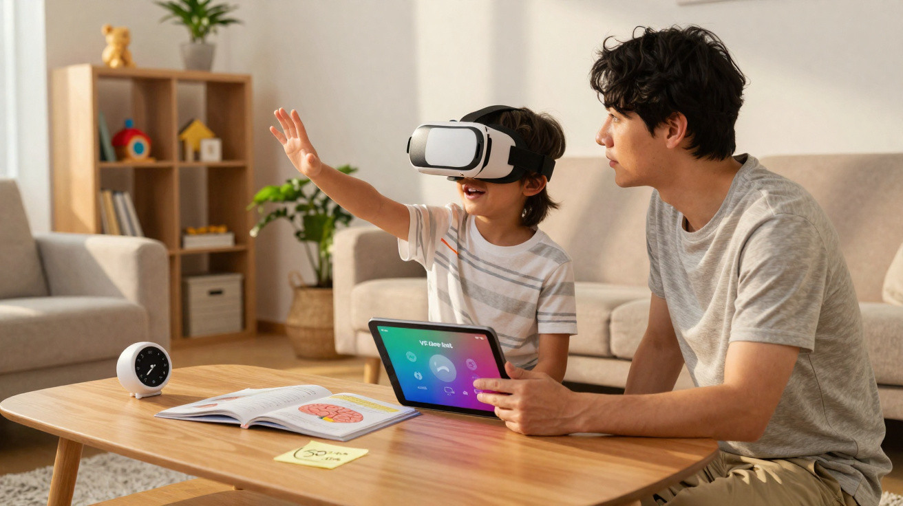 Kind mit VR-Brille und Erwachsener sitzen am Tisch, nutzen Tablet im wohnlichen Wohnzimmer.