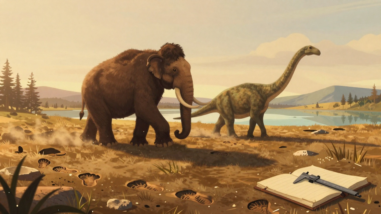 Illustration von Mammut und Dinosaurier an einem See mit Fußspuren, Notizbuch und Messschieber im Vordergrund.