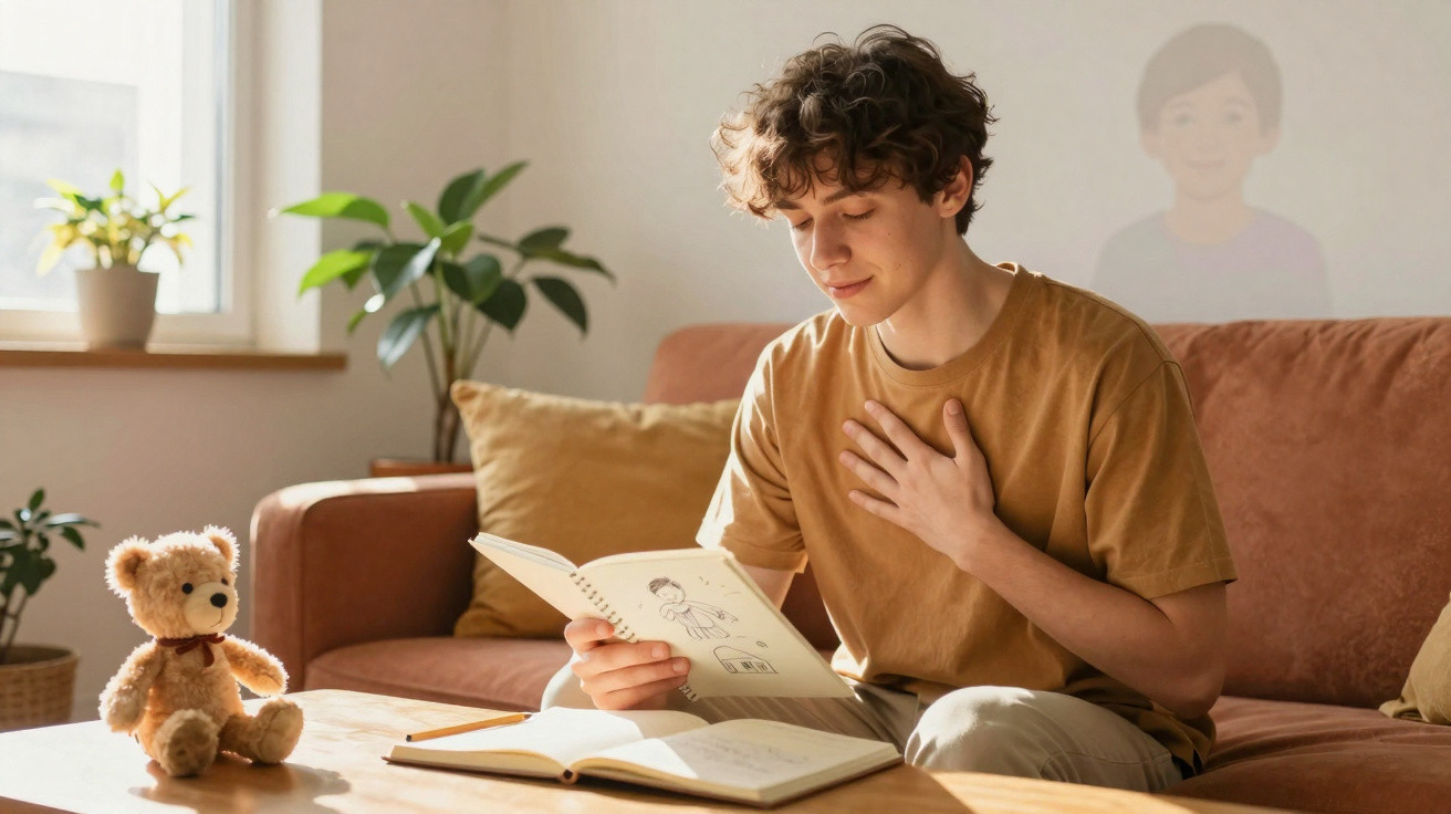 Junger Mann liest emotional ein illustriertes Buch auf dem Sofa, neben Teddy und grünen Pflanzen.