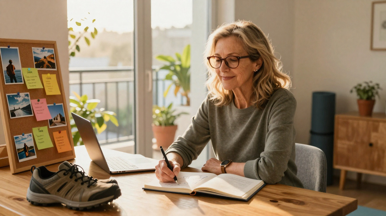 Frau mit Brille schreibt in Notizbuch an Holztisch, Laptop und Wandtafel mit Fotos und Zetteln im Hintergrund.